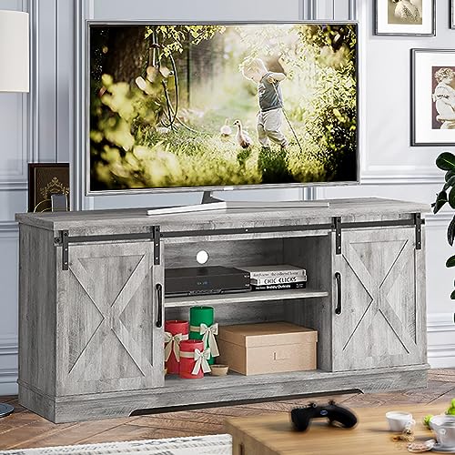 IDEALHOUSE Gray Barn Door TV Stand for 65 Inch TV, Farmhouse Entertainment Center with Storage A40792
