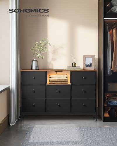 SONGMICS Chest of Drawers, 8-Drawer Fabric Dresser with Power Outlets and LED Lights, Ink Black and Rustic Brown C25075
