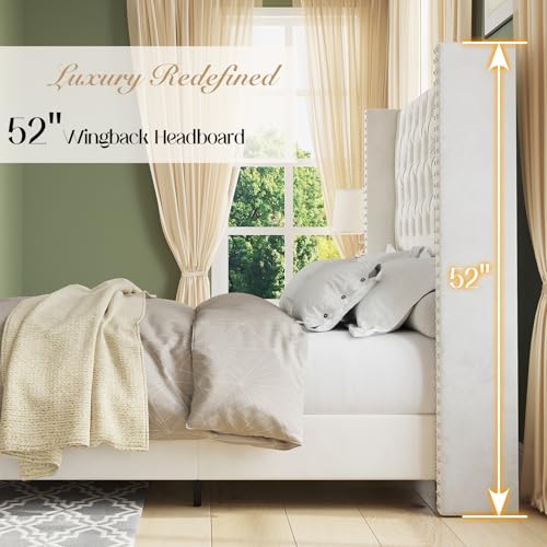 Jocisland King Upholstered Bed Frame with Tall Headboard Wingback Platform Bed, Light Grey R98398