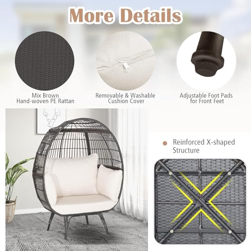Oversized Egg Chair with Metal Stand and 4 Cushions, PE Rattan, Light Brown P508128