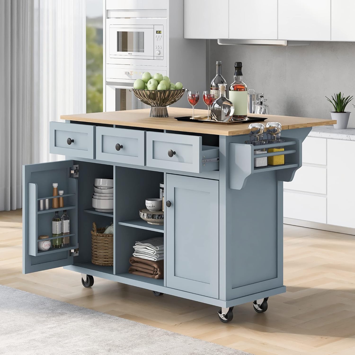 Kitchen Cart with Rubber Wood Drop-Leaf Countertop, 5 Wheels, Blue L307