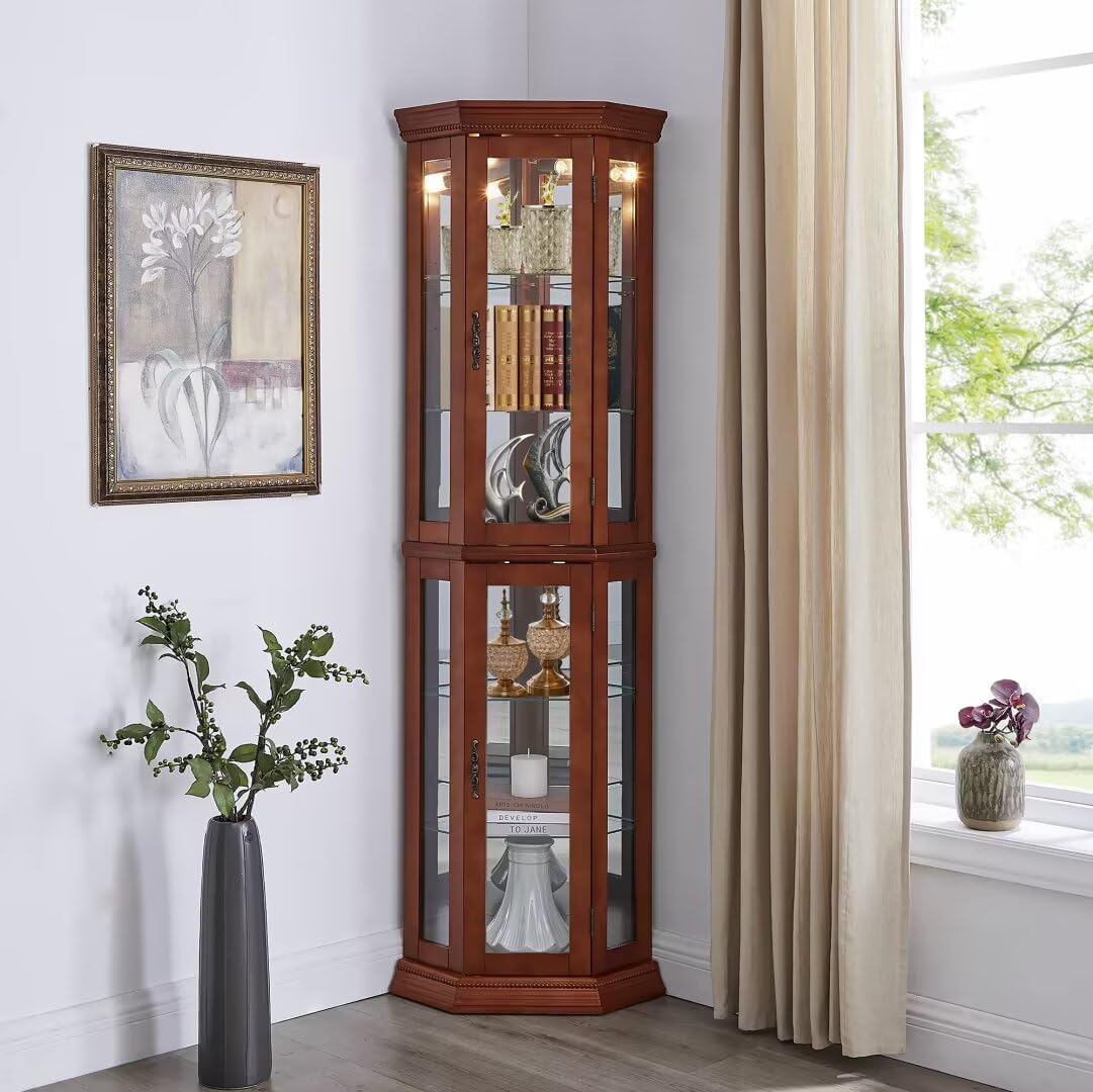 Lighted Curio Cabinet 6 Shelf Corner Display Case with Tempered Glass Shelves, Oak M483925