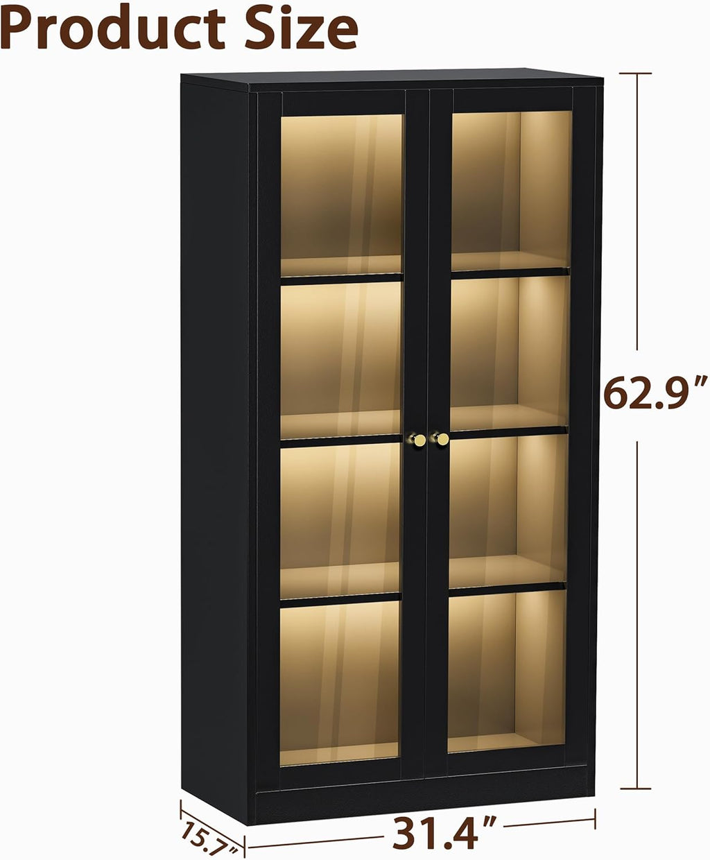63'' Glass Display Cabinet with LED Light and Adjustable Shelves A261714