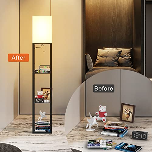 PAZZO Floor Lamp with Shelves, Solid Wood, 3 Color Temperature, Linen Shade, Bulb Included R3904
