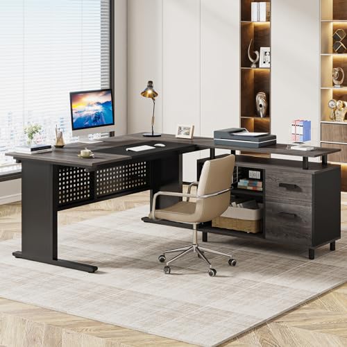 Tribesigns 63 Inch Executive Desk with File Cabinet, L Shaped Computer Desk, Gray and Black I266197