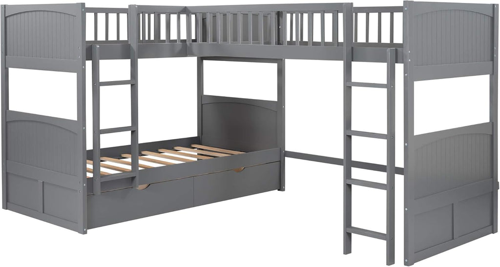 Twin over Twin L-Shaped Triple Bunk Beds with Storage Drawers, Gray Z2907