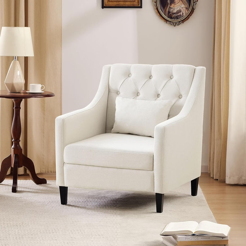 HUIMO Mid Century Modern Accent Chair, Elegant Upholstered Fabric Armchair with Thick Cushion and Wood Frame, Comfy Reading Sofa Chair for Living Room Bedroom Office (Beige)