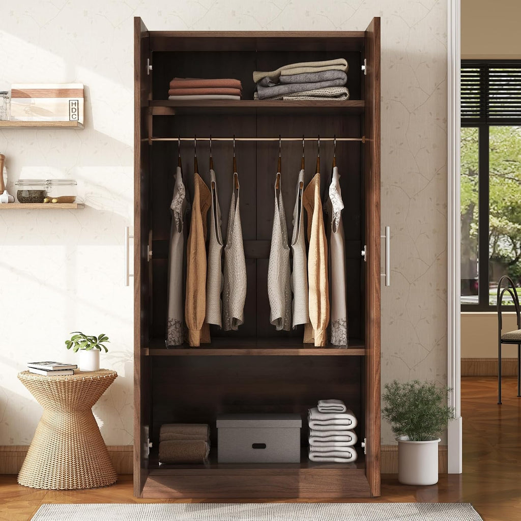 Wooden Armoire Wardrobe Closet with Hanging Rod and Shelves, Brown O29448