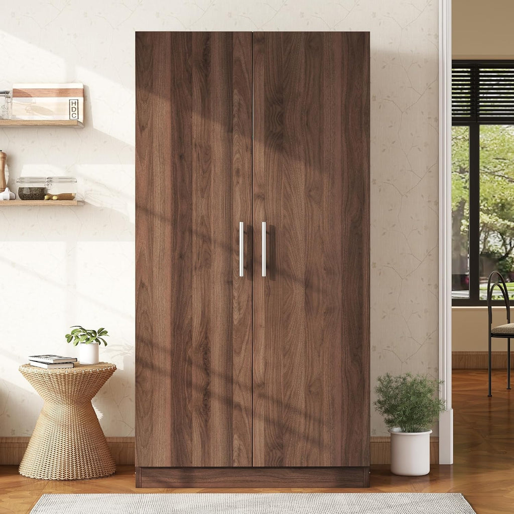 Wooden Armoire Wardrobe Closet with Hanging Rod and Shelves, Brown O29448