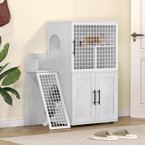 IDEALHOUSE Modern Villa Cat Litter Box Enclosure with Platform, Wax Wood H4670