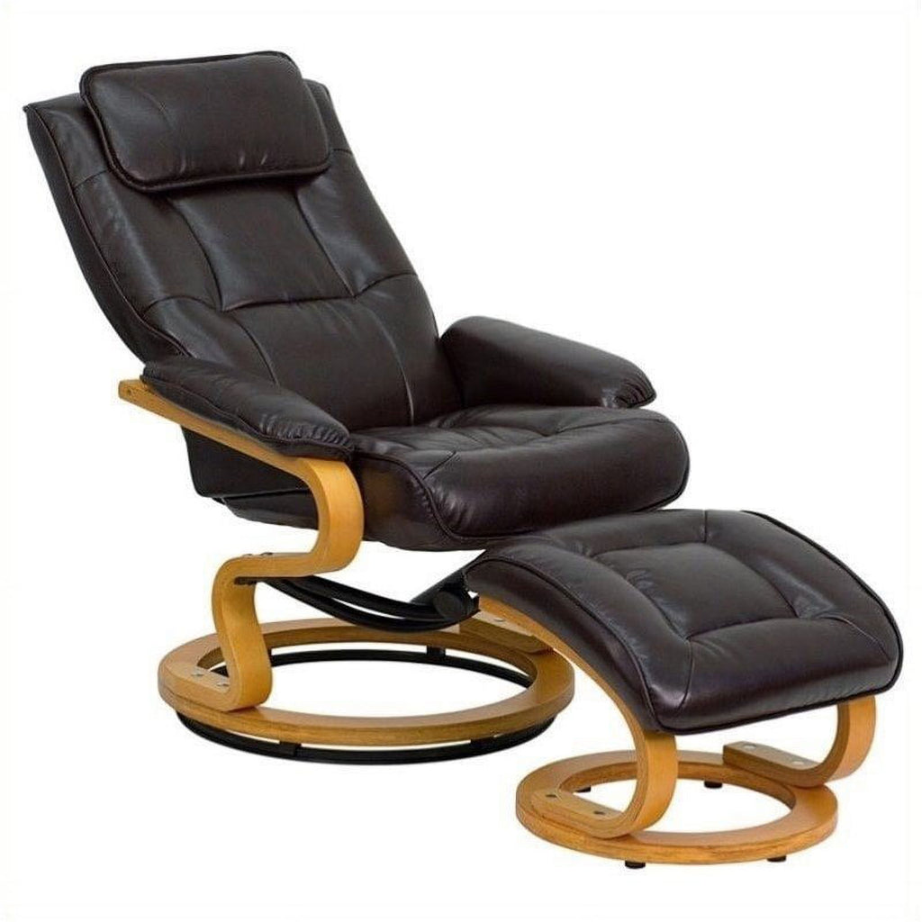 Bowery Hill Contemporary LeatherSoft Plush Arms Recliner and Ottoman in Brown