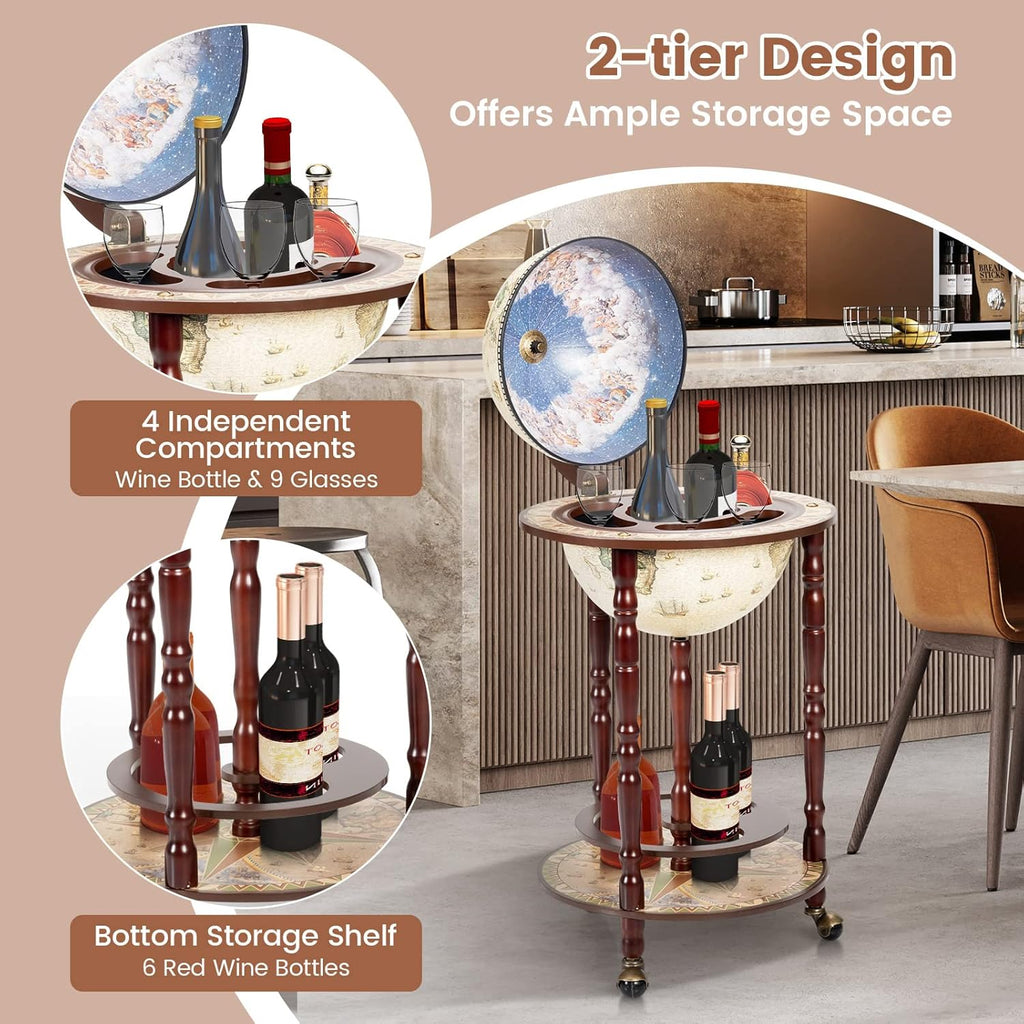 Wood Globe Wine Bar Stand with Wheels, Creamy White T9135
