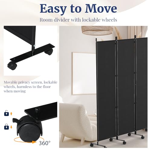 Kokorona 6 Panel Room Divider, 6FT Tall Rolling Privacy Screen with Lockable Wheels, Black J584