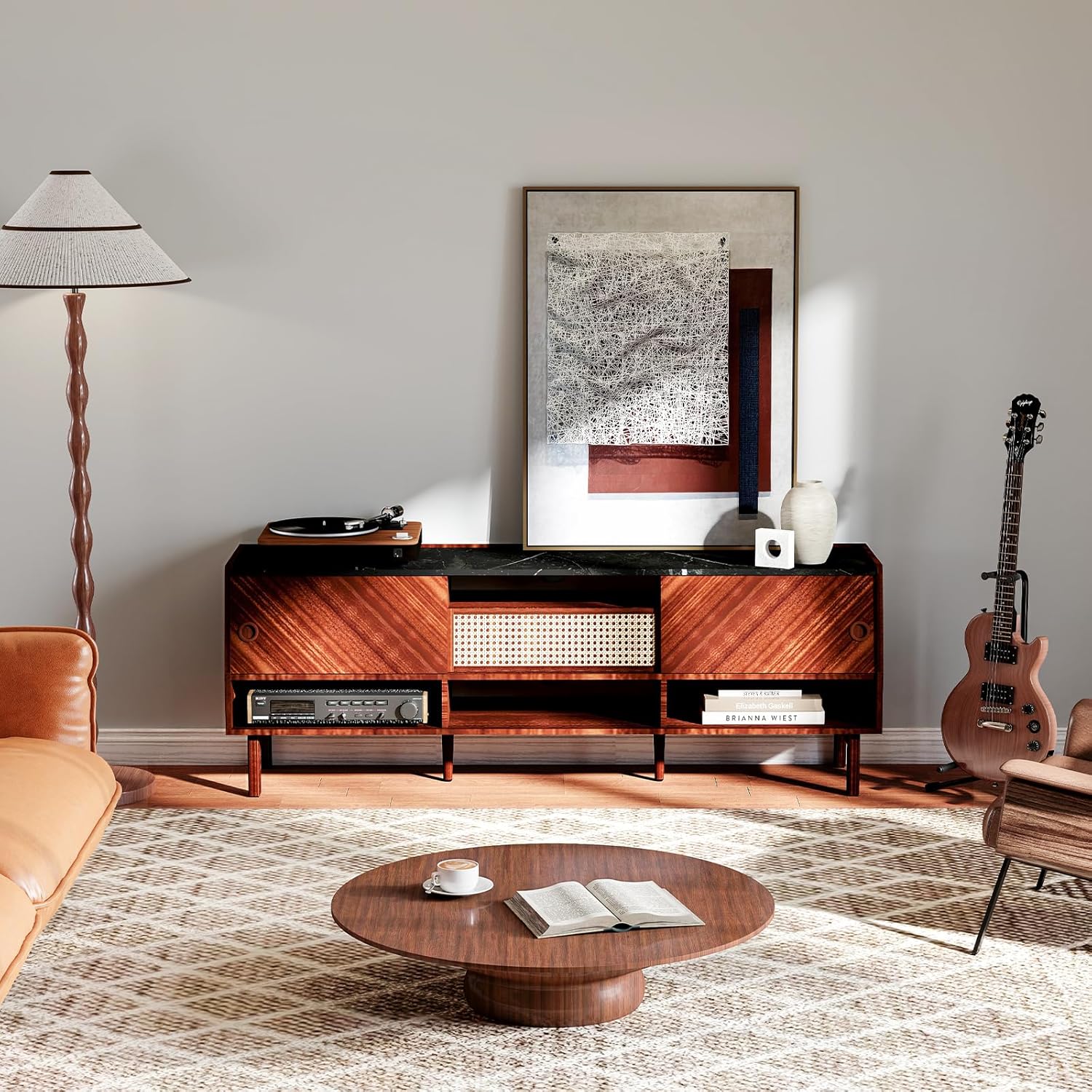 Mid Century Modern TV Stand for 75 Inch TV with Rattan Drawer, Walnut Z868