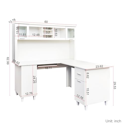 Modern Desk with Storage 2-Tier Shelves, Drawer and Cabinet, White R50834