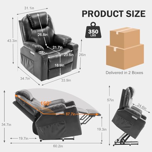 Electric Power Lift Recliner Chair with Heat & Massage for Elderly, PU Leather, Grey U505711