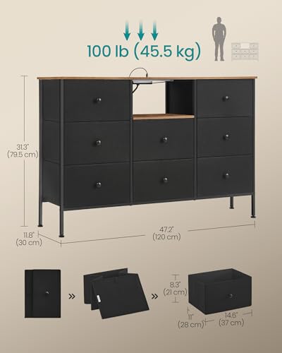 SONGMICS Chest of Drawers, 8-Drawer Fabric Dresser with Power Outlets and LED Lights, Ink Black and Rustic Brown C25075