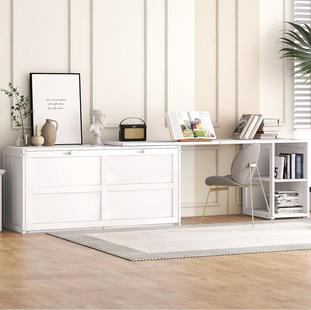Queen Size Murphy Bed with Rotating Desk, White Finish T516
