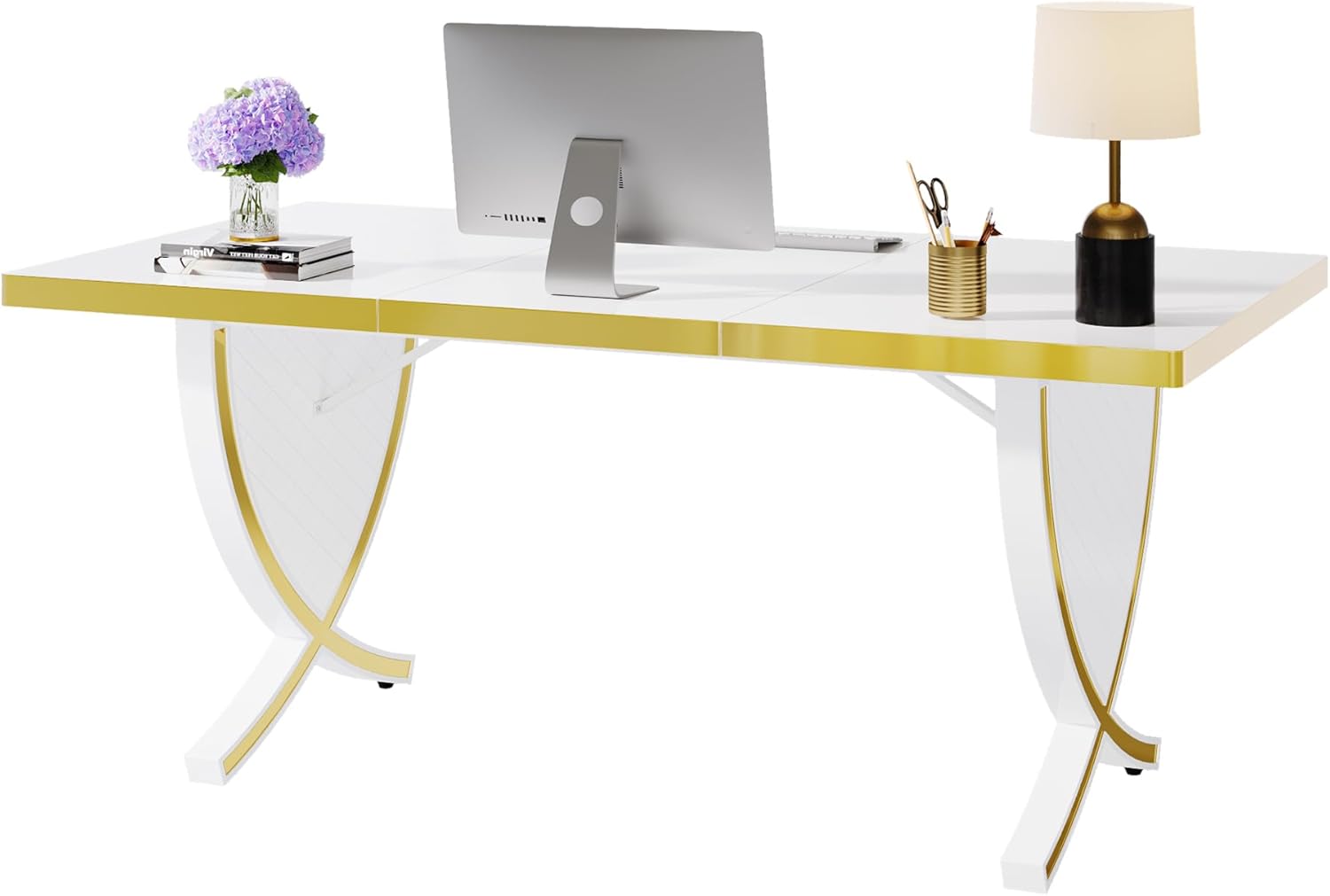 Tribesigns 63" Modern Executive Desk, White & Gold Q821027