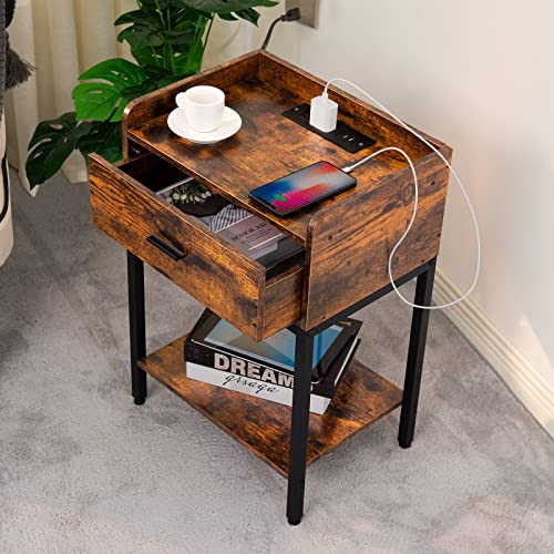 Lerliuo Nightstands Set of 2 with Charging Station, 3-Tier End Side Table with Storage Drawer, Oak Grey M155