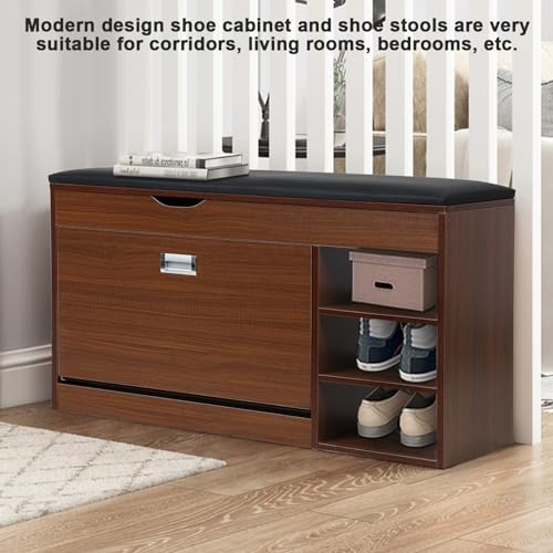 Shoe Storage Cabinet with Flip Drawers, 3 Tiers Wooden Hallway Bench V8352