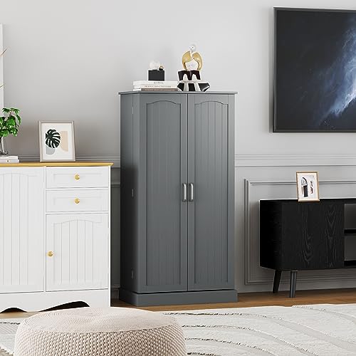 Yusong 72'' Tall Kitchen Pantry Cabinet, Farmhouse Storage Cabinet with 4 Doors and Adjustable Shelf, White Q225142