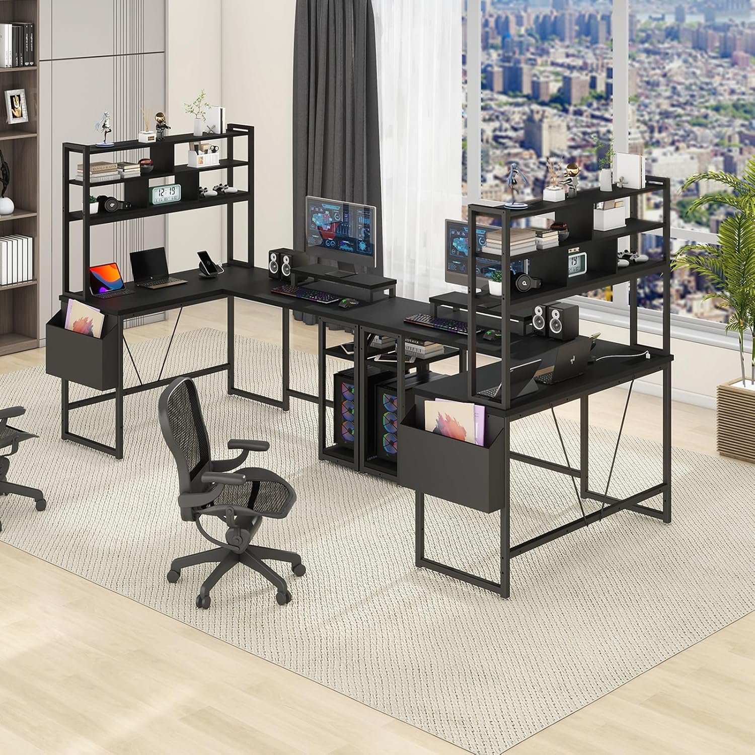 L Shaped Computer Desk with LED Lights and Power Outlets X615315