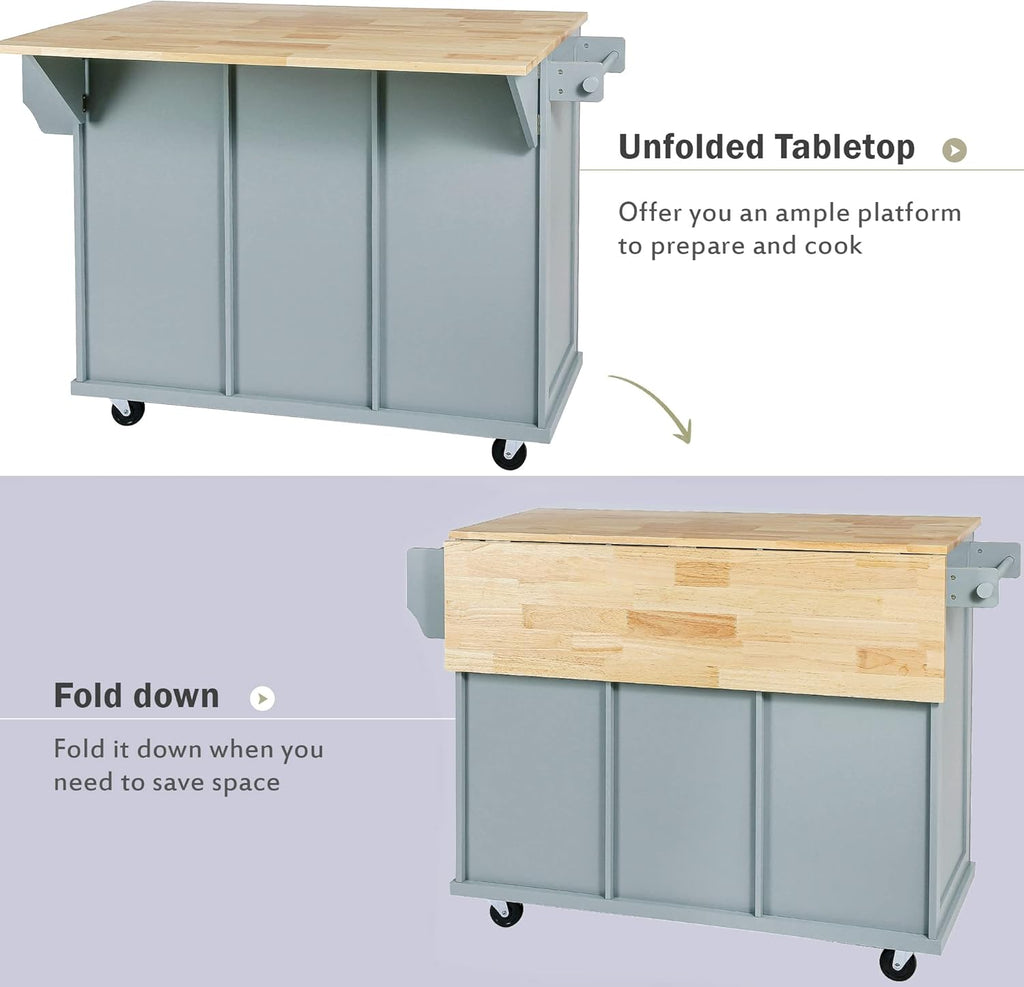 Kitchen Cart with Rubber Wood Drop-Leaf Countertop, 5 Wheels, Blue L307