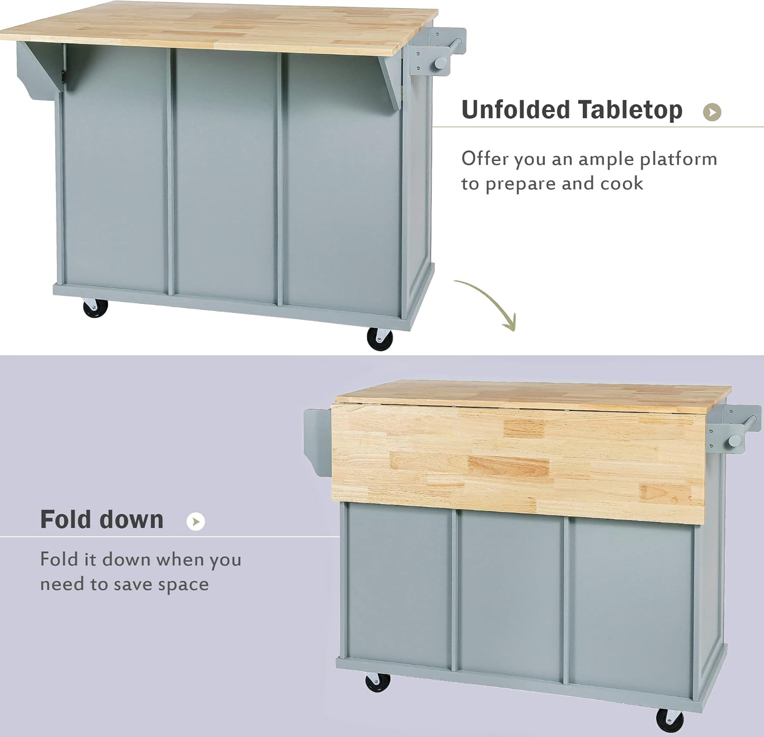 Kitchen Cart with Rubber Wood Drop-Leaf Countertop, 5 Wheels, Blue L307