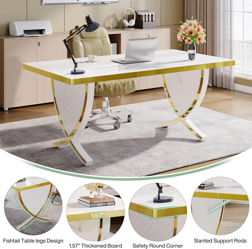 Tribesigns 63" Modern Executive Desk, White & Gold Q821027