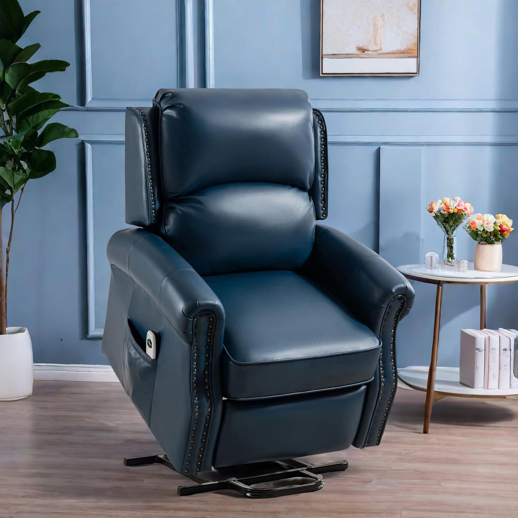 Navy Blue Electric Power Lift Recliner Chair with Faux Leather and Side Pocket J4451