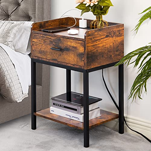 Lerliuo Nightstands Set of 2 with Charging Station, 3-Tier End Side Table with Storage Drawer, Oak Grey M155