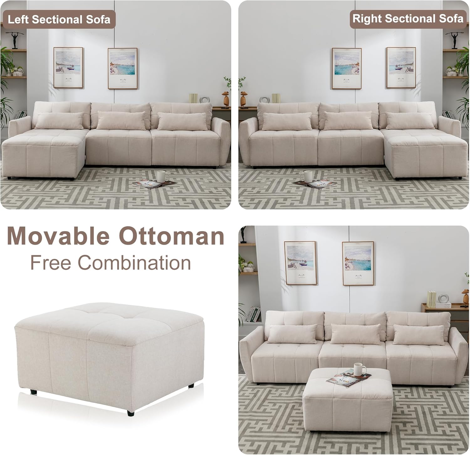 Oversized 114" Convertible Sectional Sofa with Ottoman, Beige X541