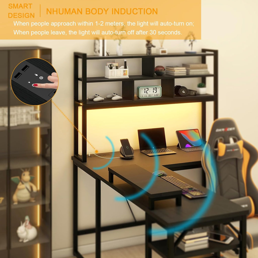 L Shaped Computer Desk with LED Lights and Power Outlets X615315