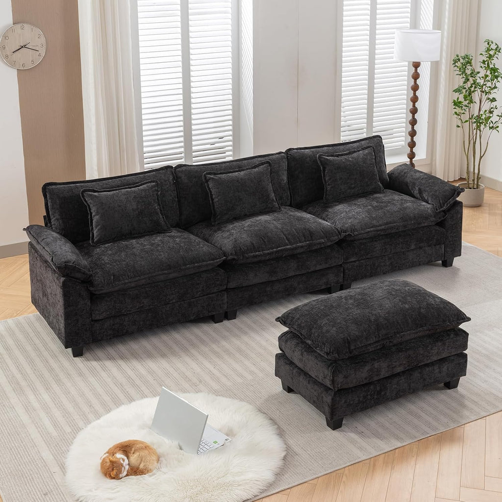 IPKIG 117" Sectional Sofa, Chenille L-Shaped Couch with Ottoman, Black L64376