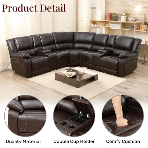 Leather Reclining Sectional Sofa with Double Recliners, L-Shaped 5 Seater L77855