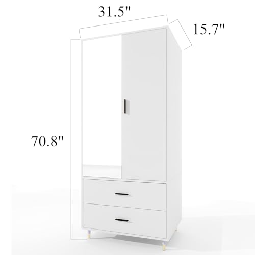 White Armoire Wardrobe with Hanging Rod, 2 Doors and Mirror V262384