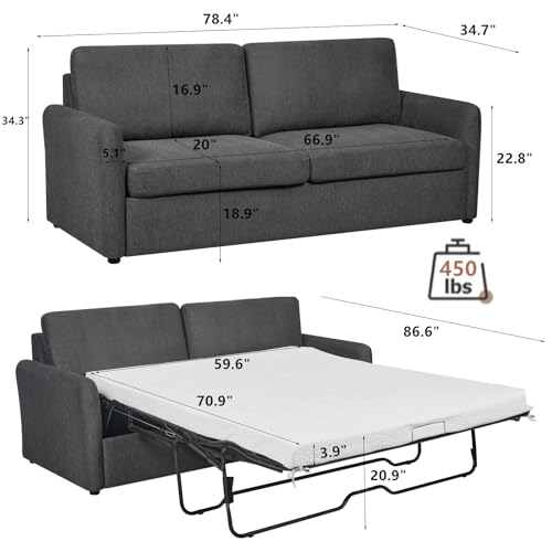 Sleeper Sofa Couch with Pullout Bed, Convertible Queen Size, Dark Grey Q469258