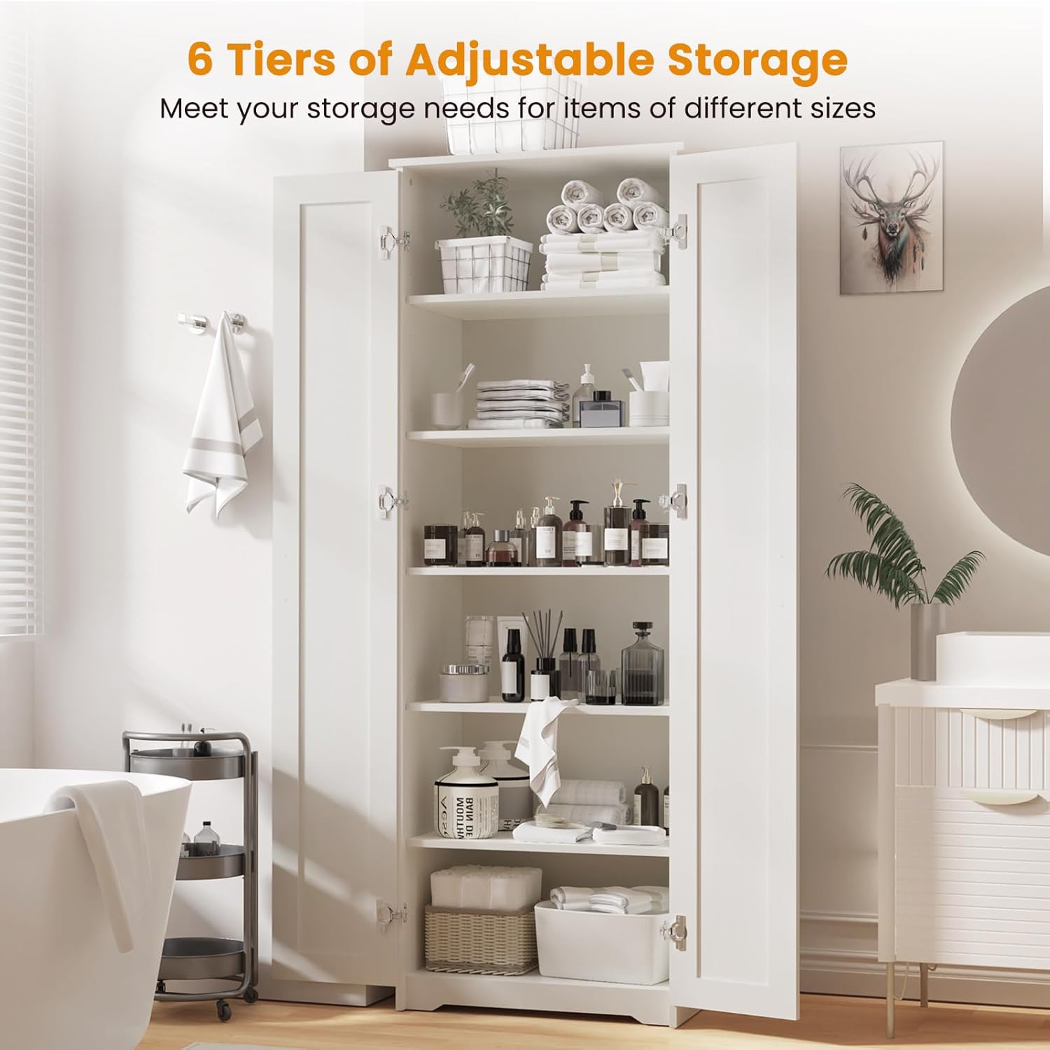 Tall Storage Pantry Cabinet with 2 Doors and 6 Shelves, White V963147