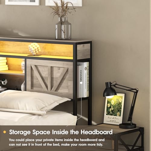 Queen Size Bed Frame with Charging Station and 4 Drawers, Wash Grey F262655