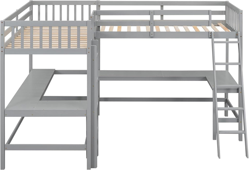 L-Shaped Double Twin Loft Bed with 2 Desks, Wood, Gray O422687