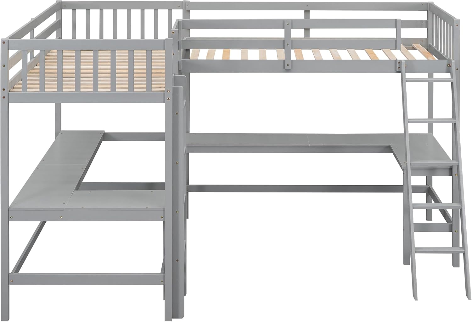 L-Shaped Double Twin Loft Bed with 2 Desks, Wood, Gray O422687
