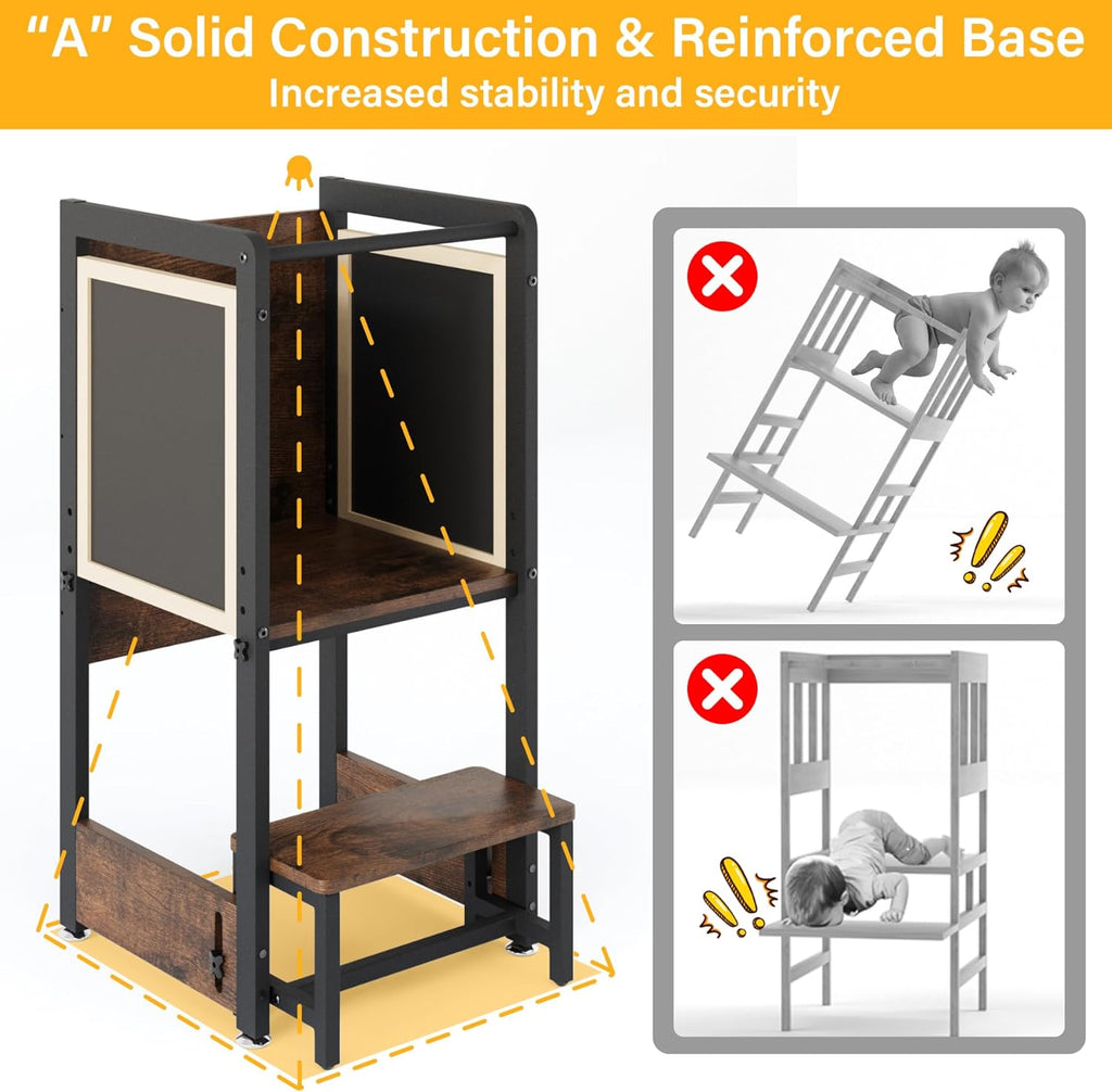 Toddler Kitchen Stool Helper 4-in-1 with Chalkboard Safety Rail, Adjustable Height Wooden Standing Tower J36959