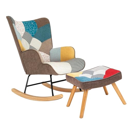 Patchwork Rocking Chair Accent Armchair with Footstool and Pillow G7533