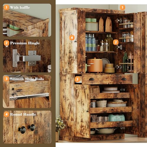 Kitchen Pantry Cabinet with Sliding Storage Rack and Hanging Shelves, 72" Tall Freestanding Cupboard M879