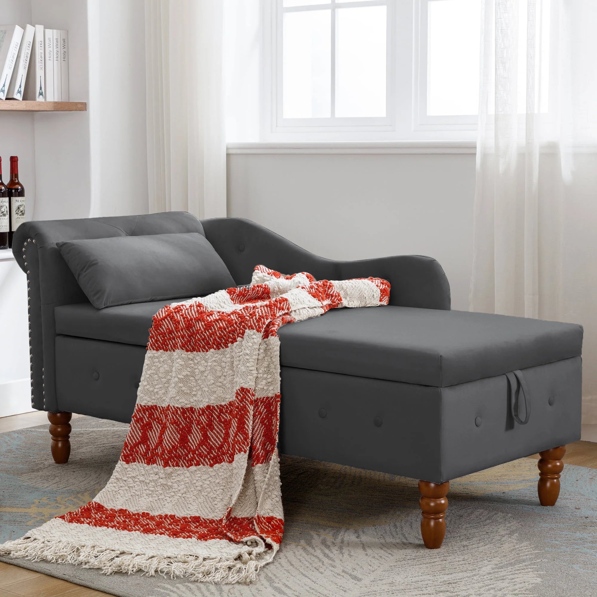 Black Velvet Chaise Lounge with Storage and Pillow L22734