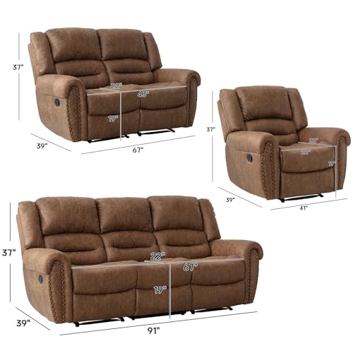 CANMOV Manual Recliner Sofa Set 2 Pieces Living Room Furniture Nut Brown B218538
