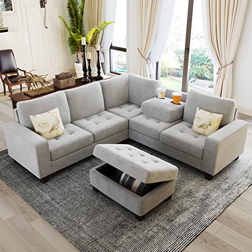 L-Shape Sectional Sofa with Storage Ottoman, Light Grey X911071