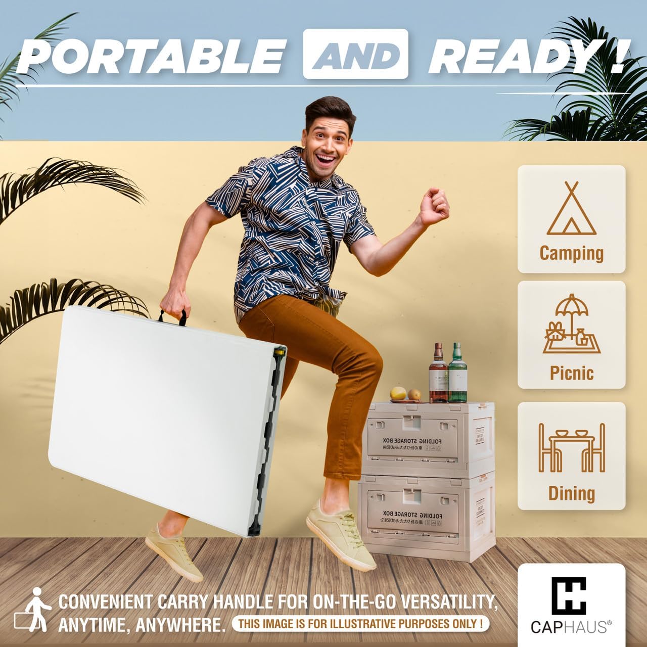 CAPHAUS 47.2 in Folding Table with Carrying Handle, Heavy Duty Portable, White G36733