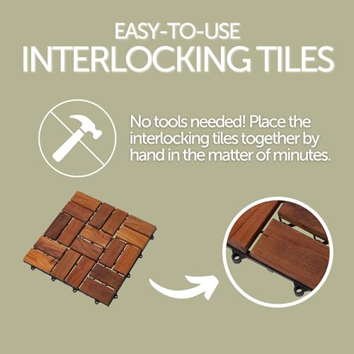 Nordic Style Teak Interlocking Tiles - Wooden Floor Tile Set for Indoor and Outdoor Use - 10 Square Feet (12" x 12") E7899